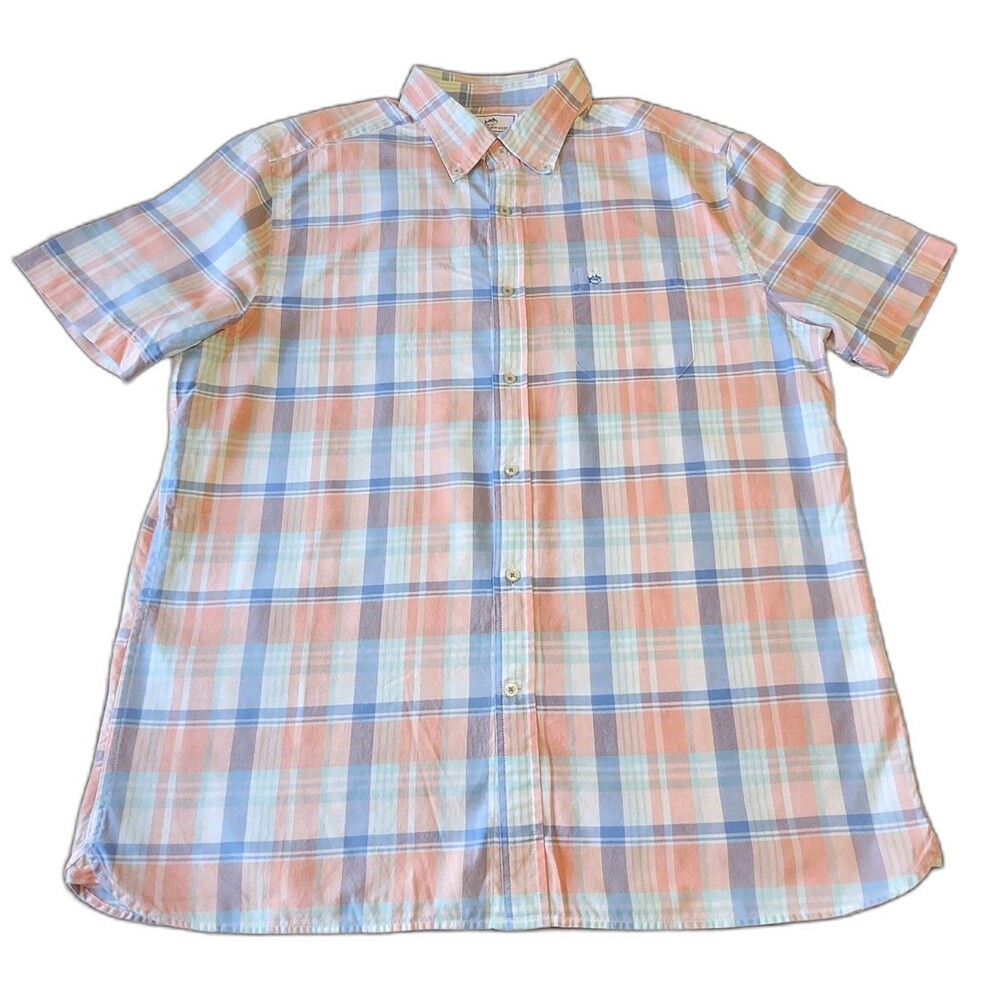 Mens L Southern Tide Coastal Pastel Plaid Short Sleeve Button Up Shirt Peach